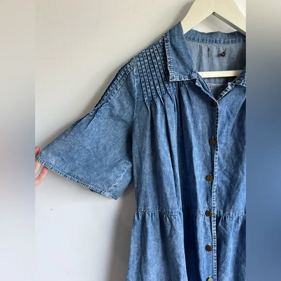 Denim Babydoll Dress Pleated Yoke Button Front Blue Size XL Cotton - Picture 3 of 13